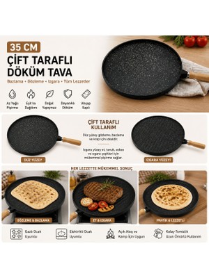 35 cm Döküm Gözleme Tavası Çift Taraflı Bazlama Izgara Tavası Ahşap Saplı Yapışmaz
