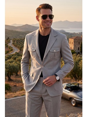 Deepsea Erkek Gri Safari Ceketli Slim Fit 2'li Takım Elbise – Pileli Duble Paça Pantolon 2600723