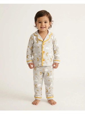 Kız Bebek Gri Simli Ay Dede ve Yıldız Baskılı Düğmeli Uzun Kollu Pijama Takımı 2 Parça