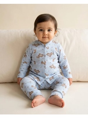 Mavi Ceylan Desenli Fitilli Önden Çıtçıtlı Uzun Kollu Pijama ve Günlük Bebek Takımı 2 Parça
