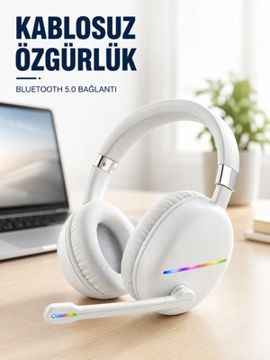 tp Kablosuz Bluetooth Mikrofonlu Beyaz Kulaklık  Rgb Işıklı - Lisinya