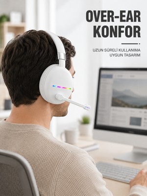 tp Beyaz Bluetooth 5.0 Mikrofonlu Kablosuz Kulak Üstü Kulaklık Rgb Işıklı Type-C Şarjlı - Lisinya
