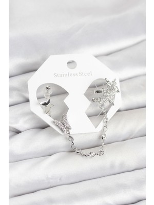Egecen Mey Ithalat® Pirinç Gümüş Renk Kelebek Model Zincir Bağlantılı Ear Cuff Küpe Seti