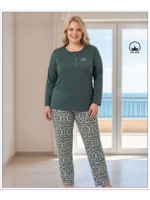 Melodi Kadın Büyük Beden %100 Pamuk Düğmeli Yaka Uzun Kollu Baharlık Pijama Takımı 17152 - 1 Adet