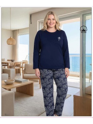 Melodi Kadın Büyük Beden %100 Pamuk Bisiklet Yaka Uzun Kollu Baharlık Pijama Takımı 17149 - 1 Adet