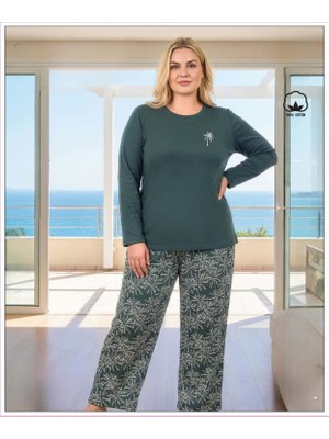 Melodi Kadın Büyük Beden %100 Pamuk Bisiklet Yaka Uzun Kollu Baharlık Pijama Takımı 17148 - 1 Adet