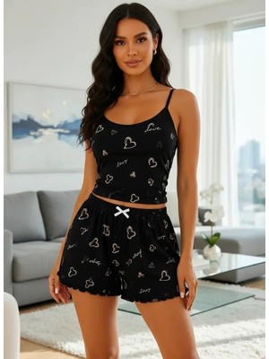 İlk El Grup Ieg™ Kadın Love Yazılı Kalp Desenli Askılı Şortlu Pijama Takımı