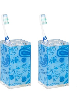 Odea 2 Adet Diş Fırçalık Mavi Çiçekli Akrilik 6X6X12CM Banyo Seti