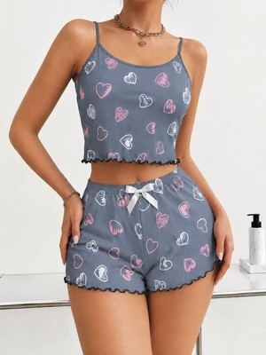 İlk El Grup Ieg™ Kadın Gri Kalp Desenli Dantel Askılı Şortlu Pijama Takımı 5265