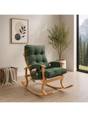 Odea Ahşap Sallanan Sandalye Tv Dinlenme Emzirme Baba Okuma Koltuğu Ergonomik Minderli Çift Cepli Yeşil