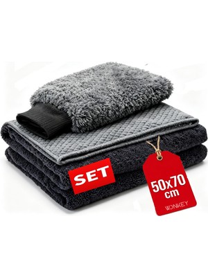 Odea Wonkey - Mikrofiber Oto Yıkama Temizleme Seti | Araç Kurulama Havlusu + Otomobil Cam Bezi + Araba Yıkama Eldiveni Paketi, Profesyonel Araç Bakım Seti (3'lü Set)