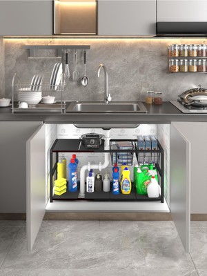 Odea Miyuhome Genişletilebilir Raf Ayarlanabilir Düzenleyici 2 Metal Sepetli Mutfak Düzenleyici Banyo Düzenleyici Siyah