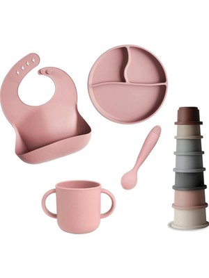 Odea Meleni Baby 5'li Set Silikon Mama Önlüğü Kulplu Bardak Vakumlu Tabak Mama Kaşığı ve Kule Aktivite Oyuncağı Pembe