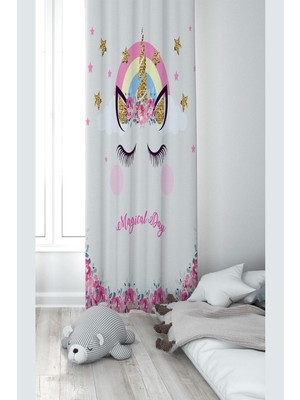 Odea Pelangi Beyaz Kedi Desenli Dijital Baskı Yıkanabilir Bebek Çocuk Odası Fon Perdesi, Pembe-Beyaz 140 x 200