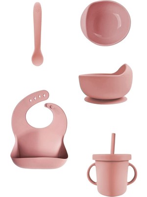 Odea Meleni Baby 4'lü Silikon Beslenme Seti - Mama Önlüğü - Vakumlu Mama Kasesi - Pipetli Bardak - Kaşık - Pembe
