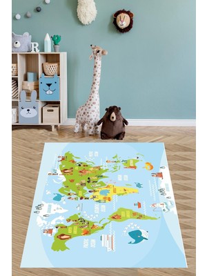 Odea Pelangi Eğitici Harita Yıkanabilir Kaymaz Taban Leke Tutmaz Çocuk Odası Halısı, Açıkmavi-Yeşil-Sarı 180 x 300, 9038680019180300