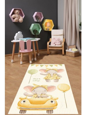 Odea Pelangi Piti Kare Zemn Sevimli Arabalı Balonlu Fil Yıkanabilir Kaymaz Taban Leke Tutmaz Çocuk Odası Halısık, Sarı-Yeşil 180 x 300
