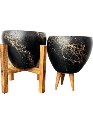 Odea Bitki Tasarımı Ev Dekorasyon Siyah Üzeri Gold Mermer Efektli Toprak Saksı Saksılık Salon Çiçeklik Ikili Set 3 Ayaklı- 4 Ayaklı- 15 cm