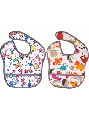 Odea Yorni 2 Adet Ekonomik Set 6-24 Ay Zoo ve Family Desen Sıvı Geçirmeyen Cepli Cırtlı Mama Önlüğü