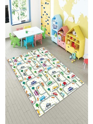 Odea Pelangi Beyaz Araba Yollu Yıkanabilir Kaymaz Taban Leke Tutmazbebek ve Çocuk Odası Halısı, Beyaz 120 x 200