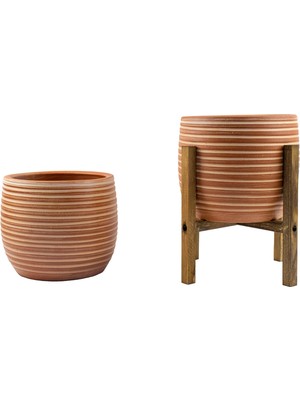 Odea Bitki Tasarımı Ev Dekorasyon Yan Çizgi Desenli Terrakota Toprak Saksı Saksılık Salon Çiçeklik Ikili Set Ayaksız - 4 Ayaklı- 15 cm