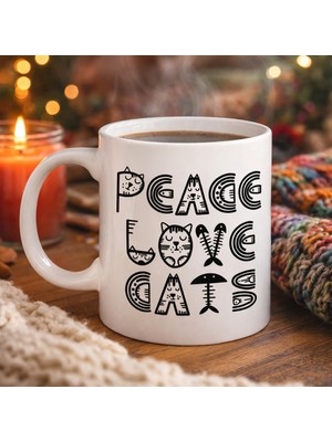Vintessy Peace Love Cats – Sevimli Kedi Desenli Porselen Kupa Model 60 Kahve & Çay Kupası