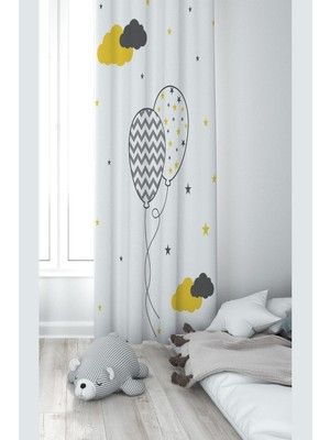 Odea Pelangi Beyaz Balon Desenli Dijital Baskı Yıkanabilir Bebek Çocuk Odası Fon Perdesi, Beyaz 70 x 270