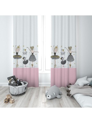 Odea Pelangi Pembe Beyaz Balerin Desenli Dijital Baskı Yıkanabilir Bebek Çocuk Odası Fon Perdesi, Gri-Beyaz-Pembe 70 x 240