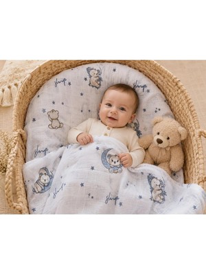 Odea MINORA%100 Pamuk Müslin Bebek Örtüsü – Çok Amaçlı Müslin Battaniye - 100 x 100 cm (Mavi-Beyaz)