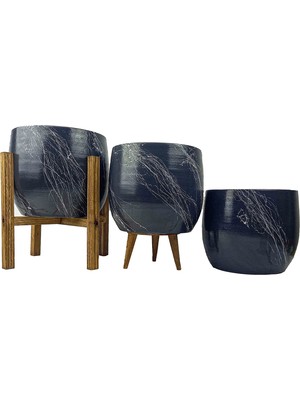 Odea Bitki Tasarımı Ev Dekorasyon Aksesuar Gri Üzeri Beyaz Mermer Efektli Toprak Saksı Saksılık Salon Çiçeklik Üçlü Set- 19 cm