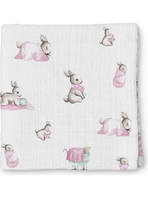 Odea Deux Lapins Bébé Lapin Rose Müslin Bebek Örtüsü 100X100 CM%100 Pamuk Pembe