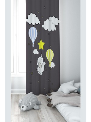 Odea Pelangi Gri Fil ve Bulut Desenli Dijital Baskı Yıkanabilir Bebek Çocuk Odası Fon Perdesi, Füme 140 x 200