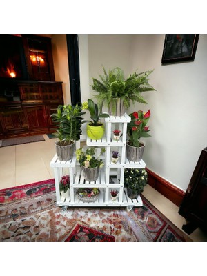 Odea Veher Ahşap (Çam) Beyaz Renk 6 Katlı Bitki Standı, Kilitlenebilir Tekerlekler + Mini Bahçe Set + My Bead Soyawax Kokulu Vegan Mum 50 cc