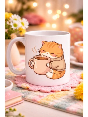 Vintessy Sevimli Kedi Tasarımlı Porselen Kupa Model 188 – Kahve Içen Tatlı Kedi Figürlü Kahve Kupas�