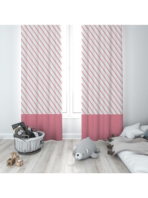 Odea Pelangi Pembe Çizgi Geçişli Desenli Dijital Baskı Yıkanabilir Bebek Çocuk Odası Fon Perdesi, Beyaz-Pembe 70 x 270