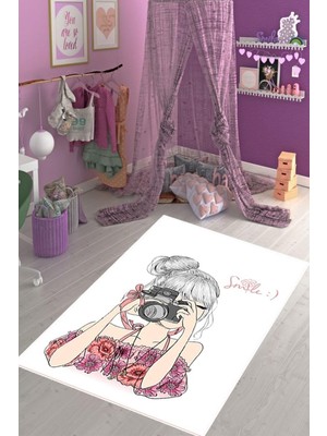 Odea Pelangi Fotoğrafçı Kız Desenli Çiçekli Dijital Baskı Yıkanabilir Kaymaz Taban Genç Kız Çocuk Odası Halısı, Pembe-Beyaz 100 x 250