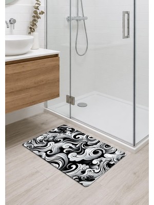 Odea Siyah Beyaz Soyut Desen Banyo Mutfak Oda Balkon Paspası 40X70CM Kaymaz Taban Dikişli Kenar
