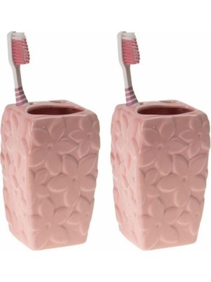 Odea Bosphorus 2 Adet Seramik Diş Firçalik Çiçekli Pembe Model 7X7X12CM Banyo Seti