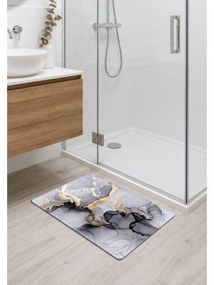 Odea Gri Mermer Desenli Banyo Mutfak Oda Balkon Paspası 40X70CM Kaymaz Taban Dikişli Kenar
