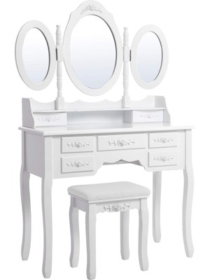 Odea Songmıcs 3 Aynalı ve Tabureli Tuvalet Masası, 7 Çekmece, Eğim Koruması, Lüks, 145 x 90 x 40 Cm, Beyaz RDT91W