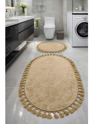 Odea Monnhein Simli Bambu Klozet Takımı, Cappuccino Gold Ponponlu, Kaymaz Deri Taban 2’li Banyo Paspas Seti (50X60-60X100 Simli Cappuccino Gold P