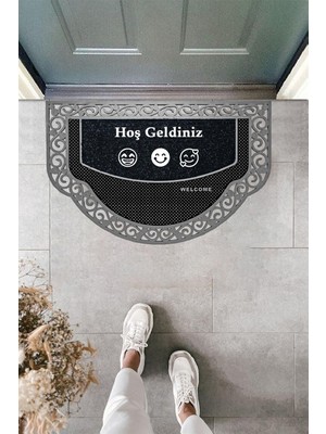 Odea M&h QUALITY(108) Yarım Ay Modeli Hoş Geldiniz Yazlı Gülen Emoj Desenli Kapı Önü Paspası Altın Rengi Gümüş 45 x 70