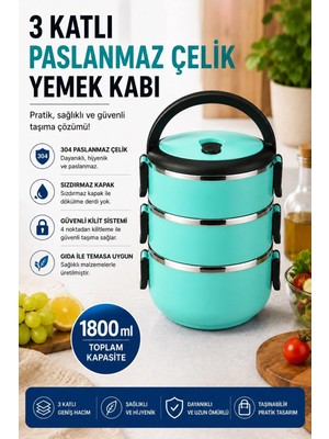 Odea Sas Haus 3 Katlı Paslanmaz Çelik Yemek Kabı 1800 ml Sızdırmaz Kapaklı Taşınabilir Lunch Box, Turkuaz