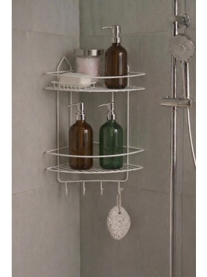 Odea Sas Haus Beyaz Yapışkanlı Banyo Köşeliği Düzenleyici, Şampuanlık, Duş Rafı 2 Katlı 4 Kancalı Ek-02