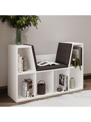Odea Livora Minderli Kitaplık - Oturma Alanlı 103 cm Minimalist Tasarım, Beyaz