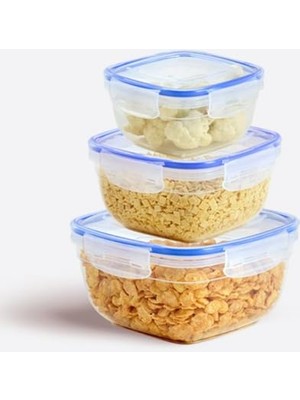 Odea Lock&fresh 3 Parça Kare Saklama Kabı Seti - Silikon Contalı, Hava Geçirmez, 500 Ml, 900 Ml, 1500 Ml, Modüler ve Istiflenebilir Tasarım, Gıdalar Için Uzun Süre Tazelik