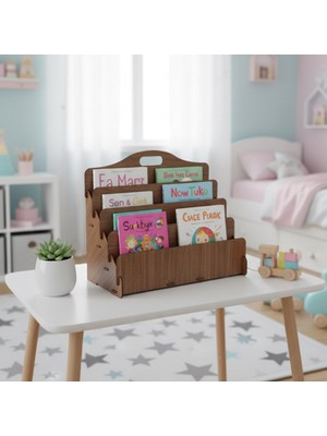 Odea Carry Montessori 4 Raflı Ahşap Mini Kitaplık -Çocuk Odası Kitaplık (Ceviz Renk)