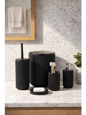Odea Perotti 33031500001 5 Parça Yuvarlak Banyo Seti - Çöp Kovası, Sabunluk, Diş Fırçalığı ve Silikon Wc Fırçası Siyah
