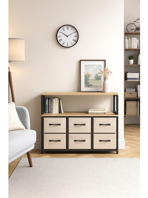 Odea Miyuhome 2 Raflı 6 Çekmeceli Konsol Kitaplık Deri Çekmeceli Çocuk Odası Organizer Krem