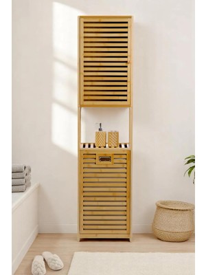 Odea Digithome Bambu Kirli Sepetli 1 Raflı Kapaklı Banyo Dolabı Banyo Düzenleyici Çamaşır Sepeti Organizer DB-0010
